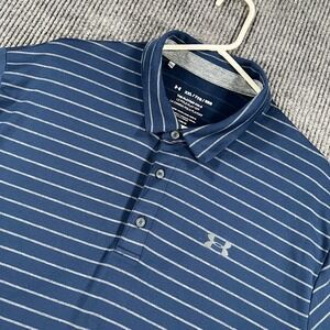 Under Armour Playoff Polo Shirt Mens 2XL XXL Blue Striped Loose Fit Heat Gear